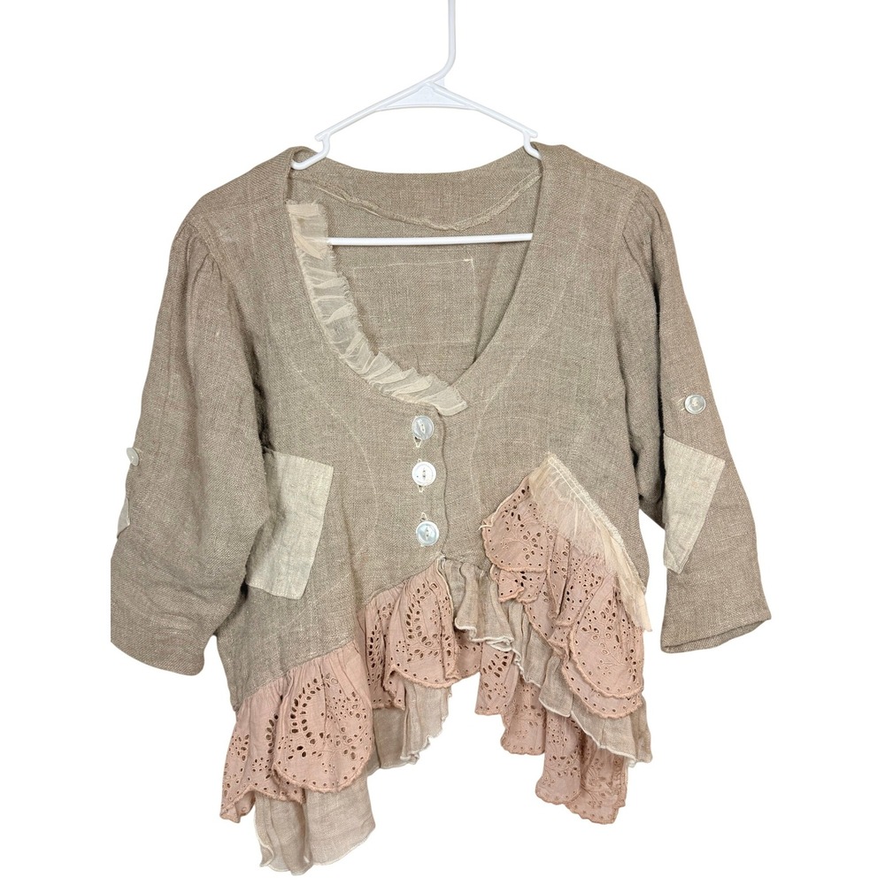 Magnolia Pearl Women Linen Ruffle Jacket One Size Tan Pink Eyelet Lagenlook